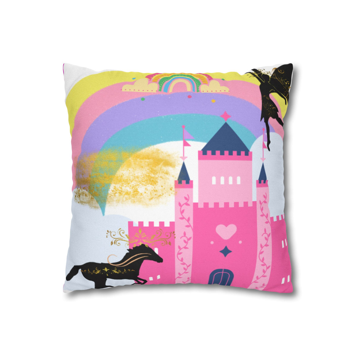 Pink Fantasy Castle Rainbow Square Pillow