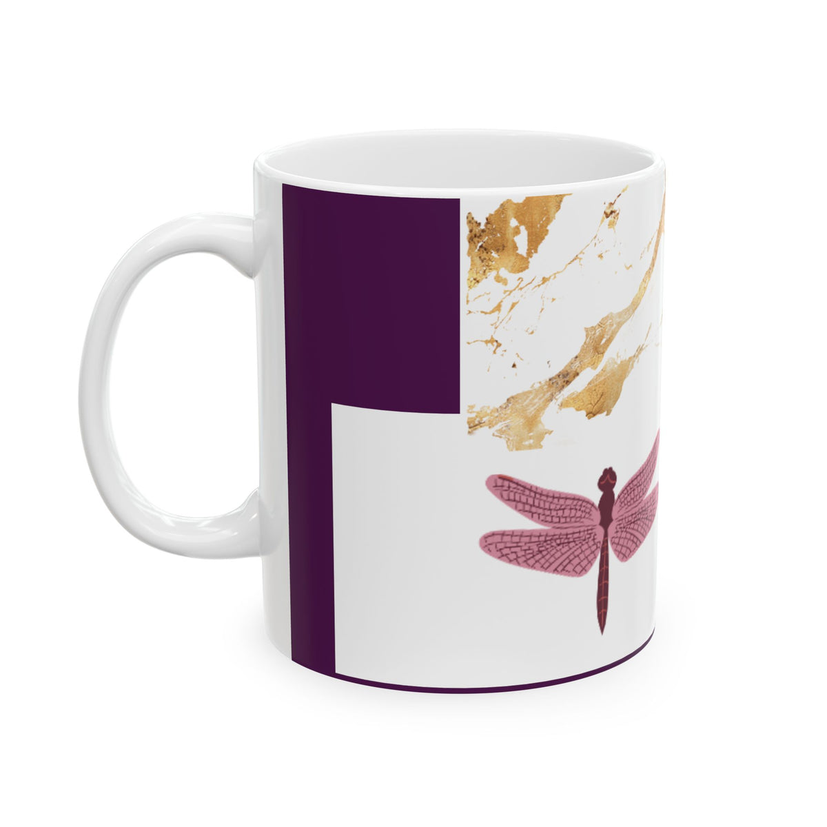 Dragonfly Marble Ceramic Mug — Pink Dragonflies & Gold Marble Accent (11oz/15oz)