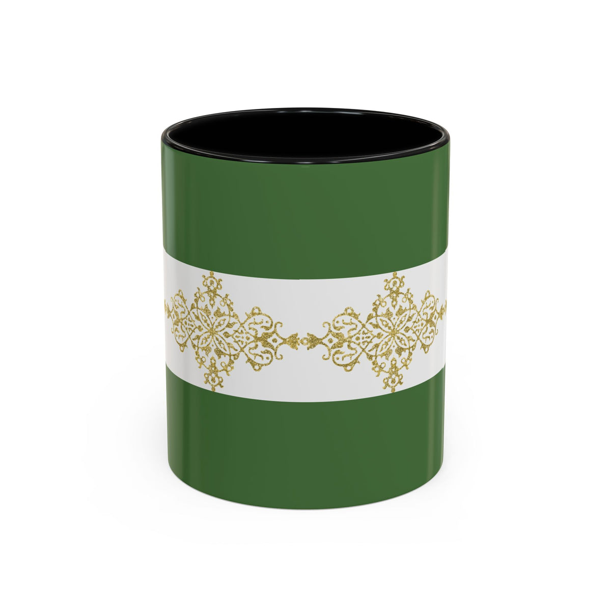 Green Accent Coffee Mug with Gold Filigree Band – Elegant Holiday Tea & Coffee Cup
