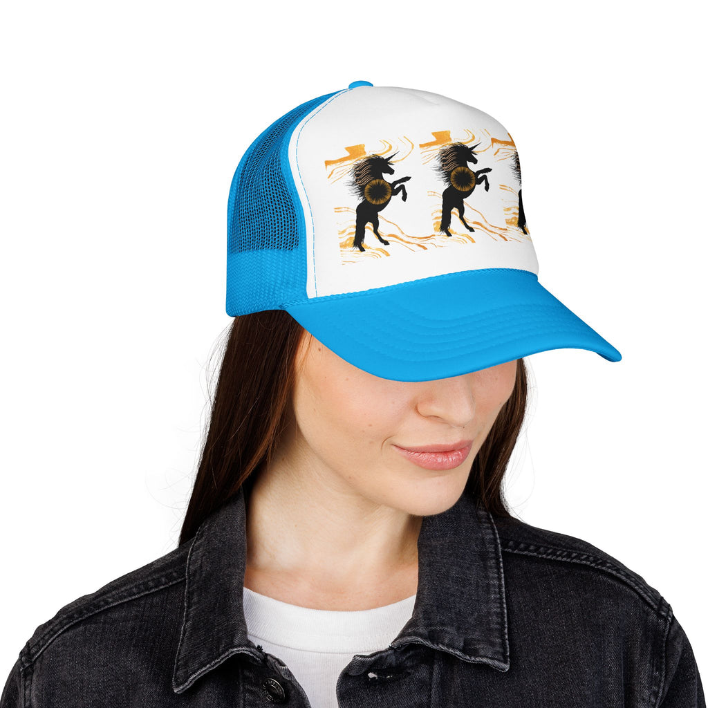 Black Foam Trucker Hat with Dancing Horse Print