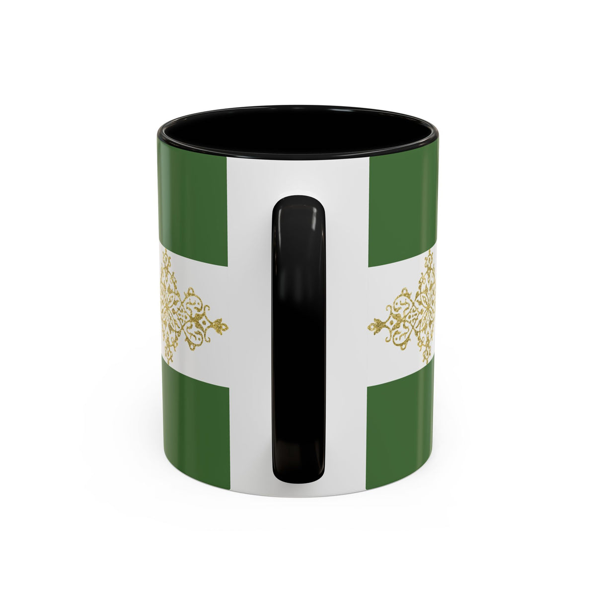 Green Accent Coffee Mug with Gold Filigree Band – Elegant Holiday Tea & Coffee Cup