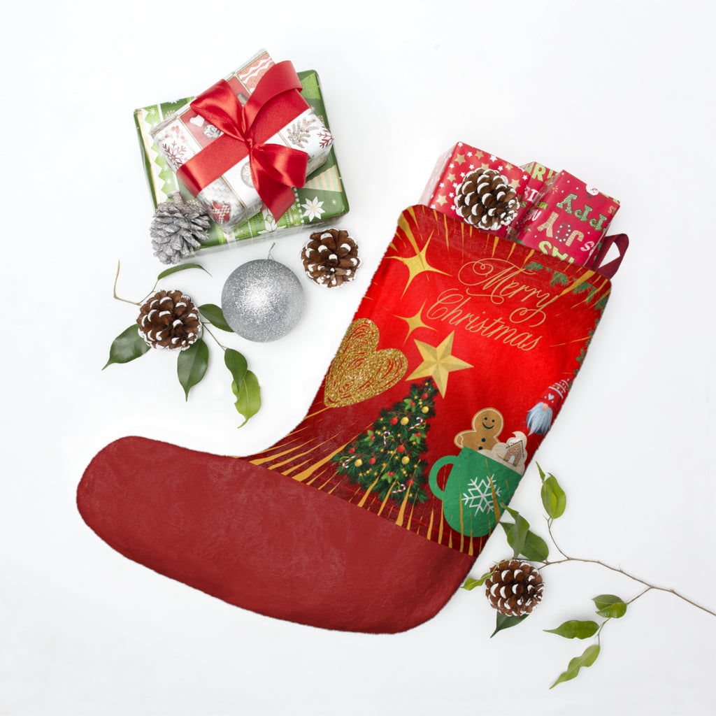 Merry Christmas Holiday Stocking with Christmas Tree and Gingerbread Design