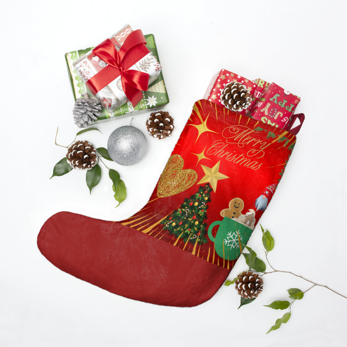Merry Christmas Holiday Stocking with Christmas Tree and Gingerbread Design