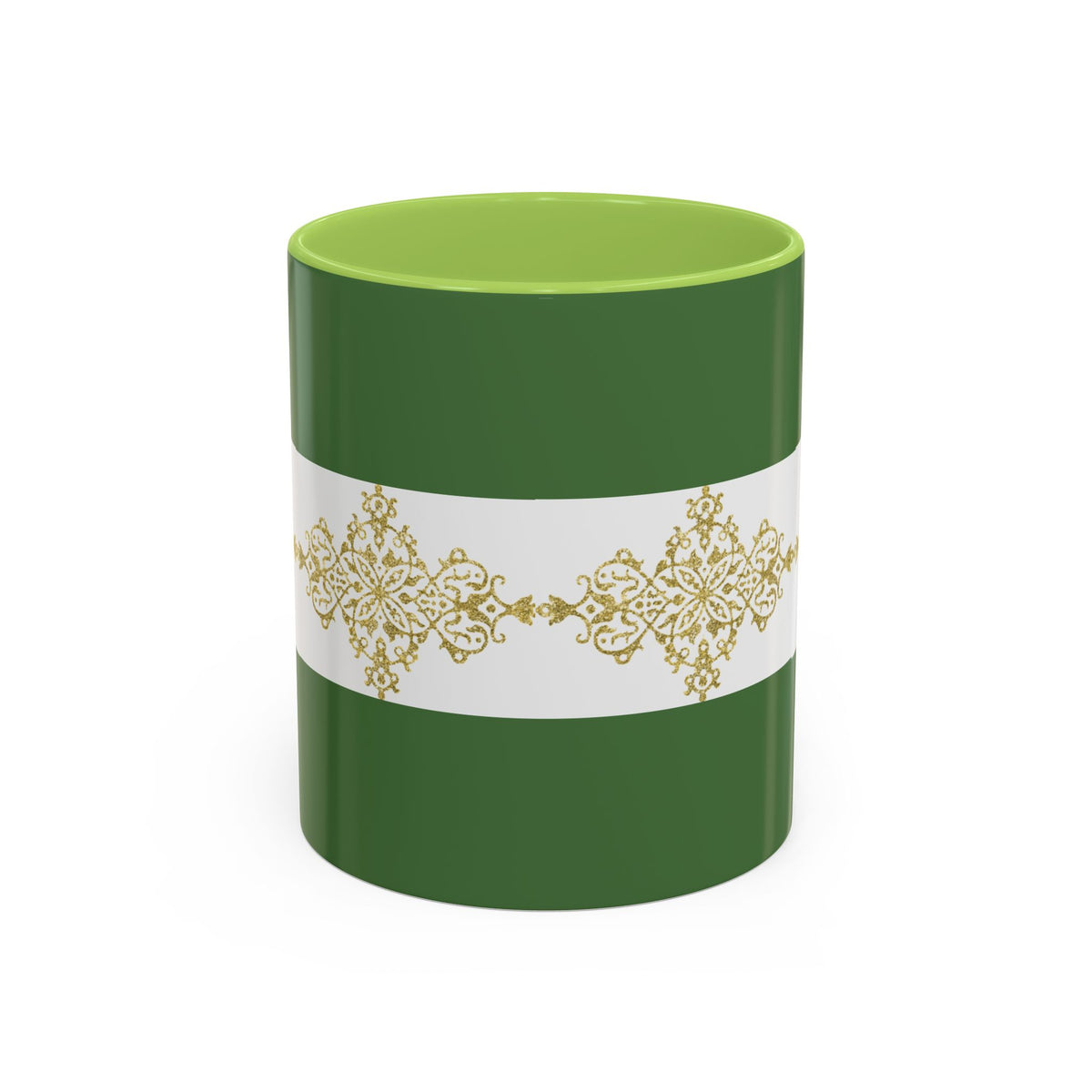 Green Accent Coffee Mug with Gold Filigree Band – Elegant Holiday Tea & Coffee Cup