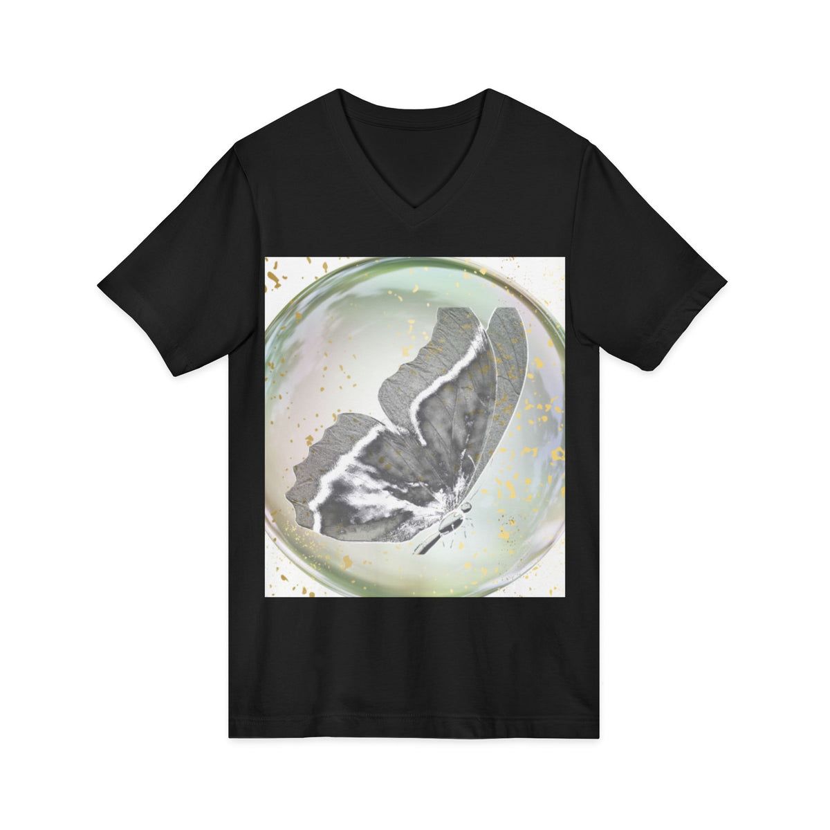Butterfly Orb V-Neck Tee — Ethereal Black & White Butterfly Graphic