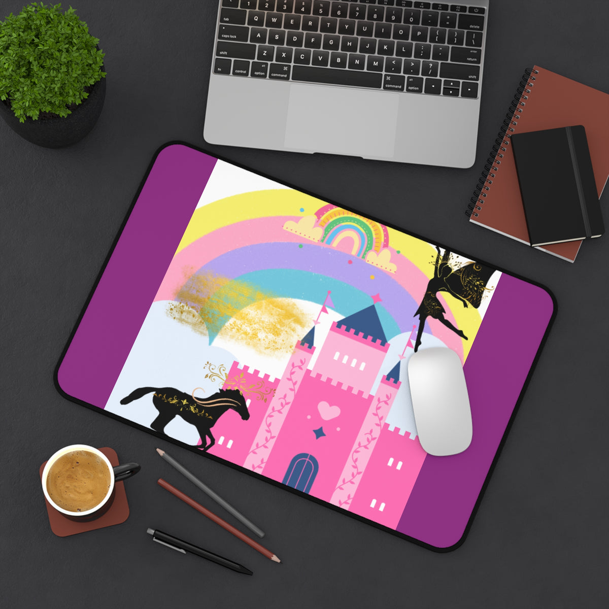 Magical Rainbow Castle Desk Mat with Black Horses