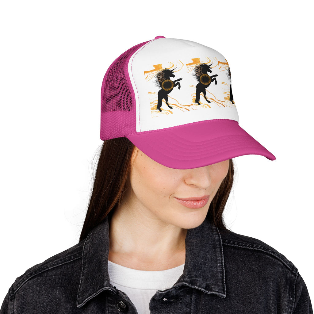 Black Foam Trucker Hat with Dancing Horse Print