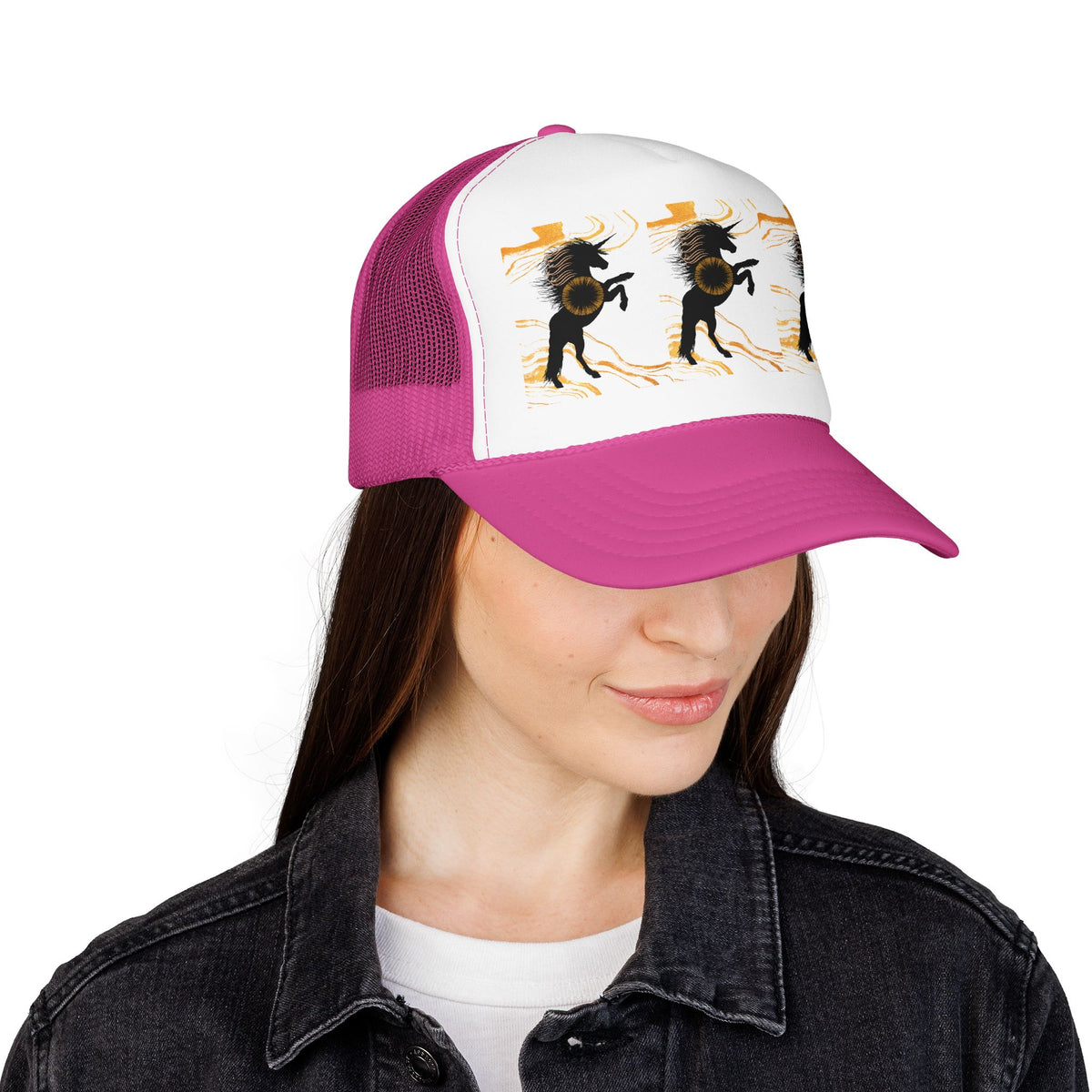 Black Foam Trucker Hat with Dancing Horse Print