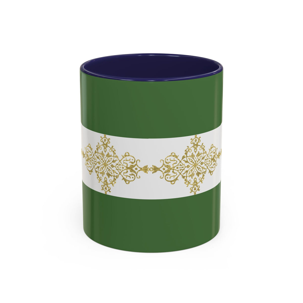 Green Accent Coffee Mug with Gold Filigree Band – Elegant Holiday Tea & Coffee Cup