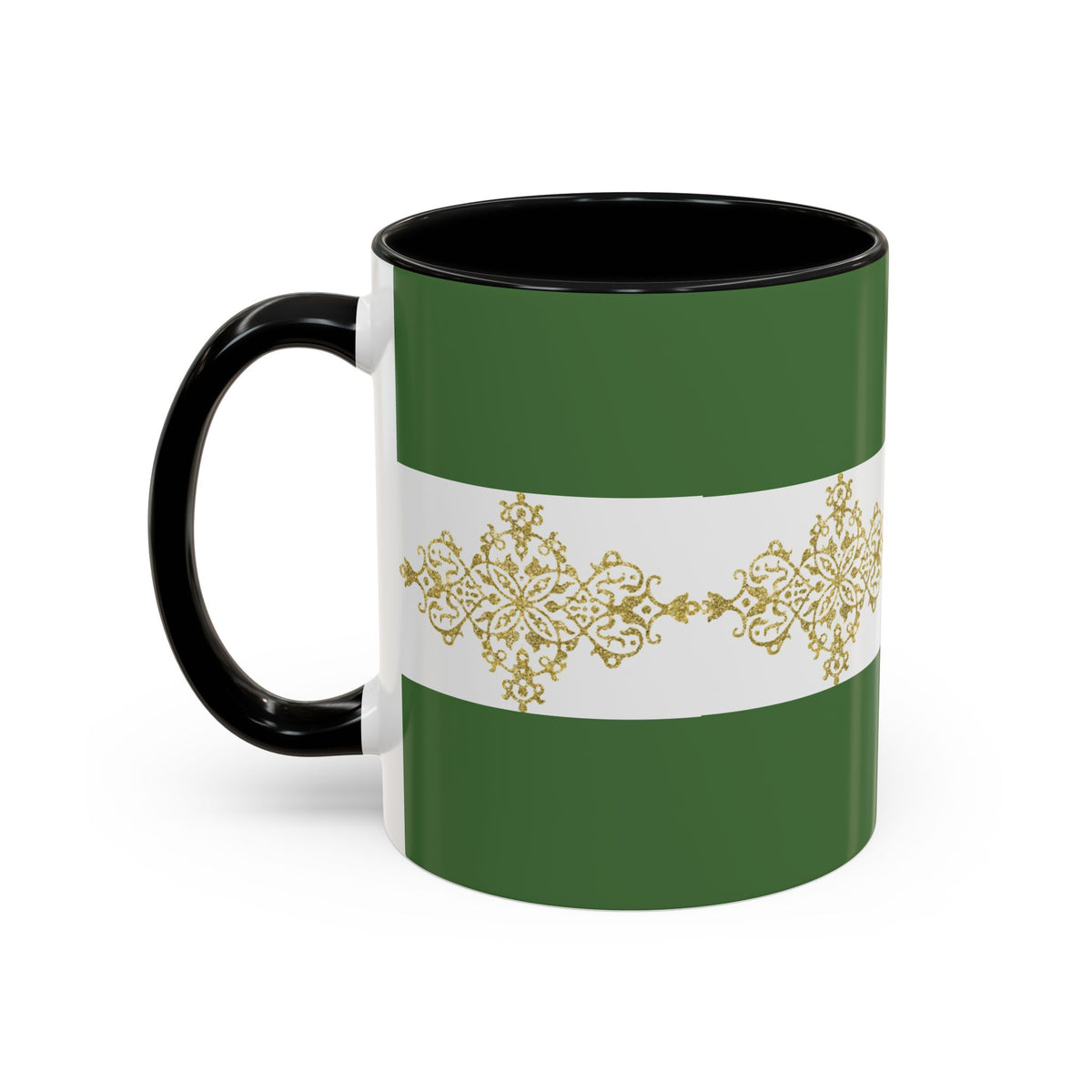 Green Accent Coffee Mug with Gold Filigree Band – Elegant Holiday Tea & Coffee Cup