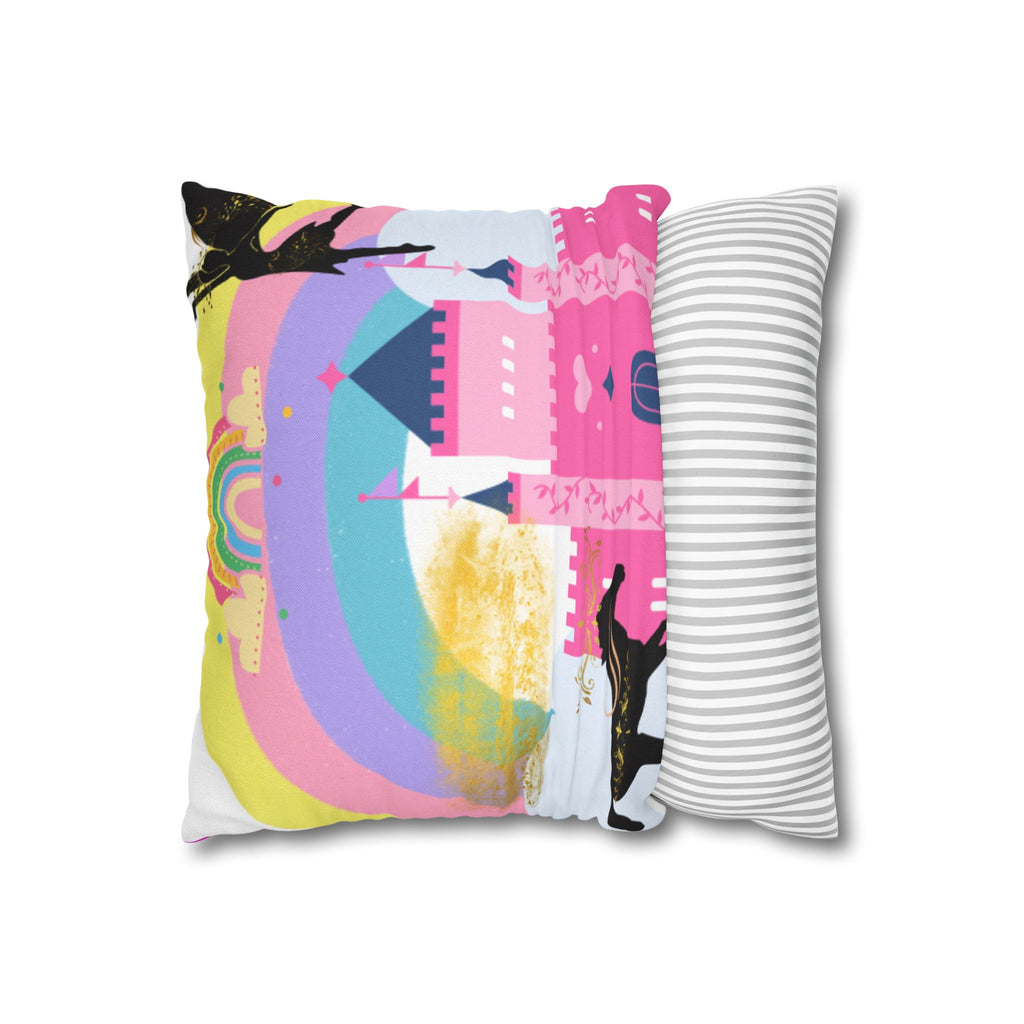 Pink Fantasy Castle Rainbow Square Pillow