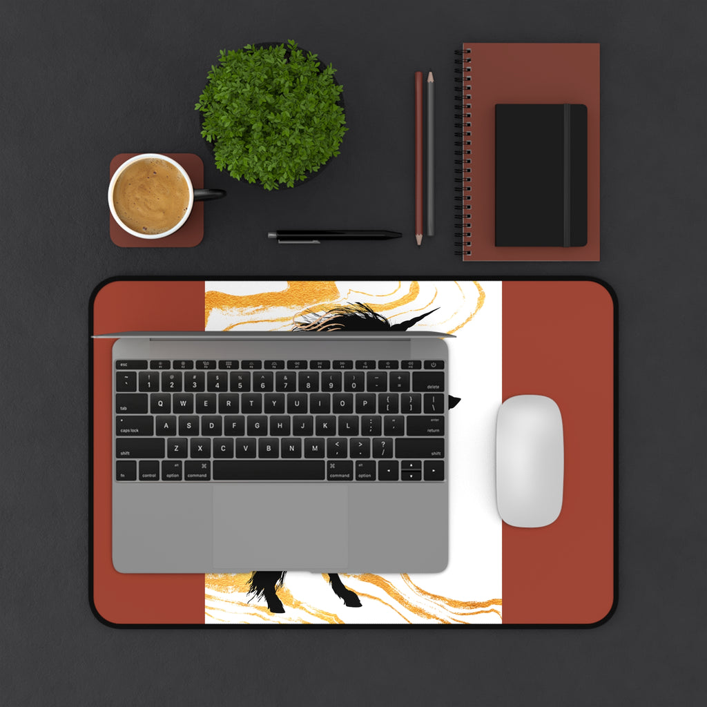 Mystic Unicorn Desk Mat — Black Silhouette with Gold Sun & Terracotta Borders