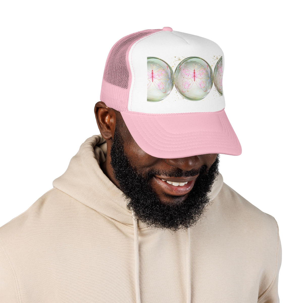 Pink Trucker Hat with Pastel Mushroom Moon Design