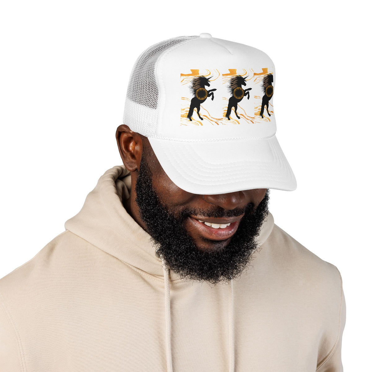 Black Foam Trucker Hat with Dancing Horse Print