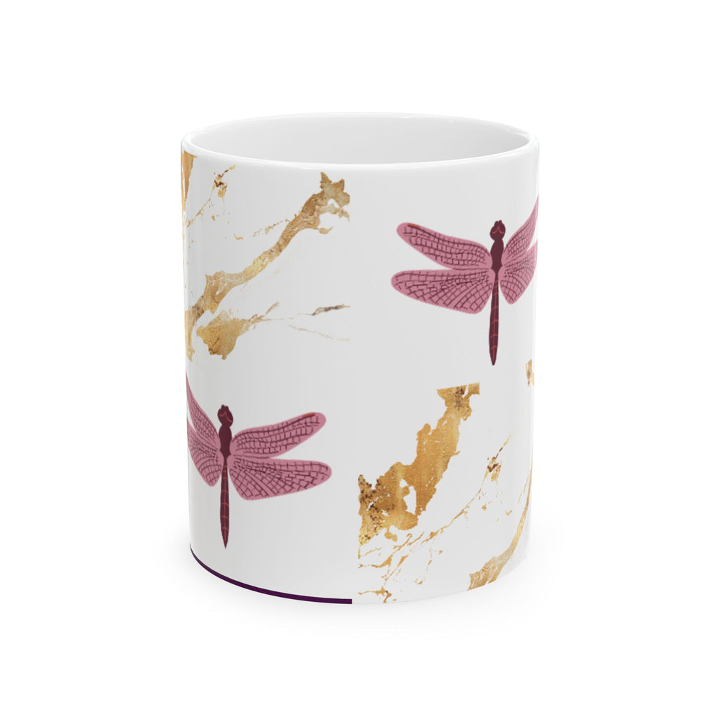 Dragonfly Marble Ceramic Mug — Pink Dragonflies & Gold Marble Accent (11oz/15oz)
