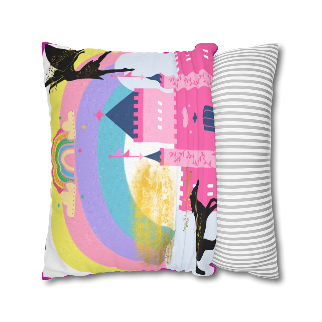 Pink Fantasy Castle Rainbow Square Pillow