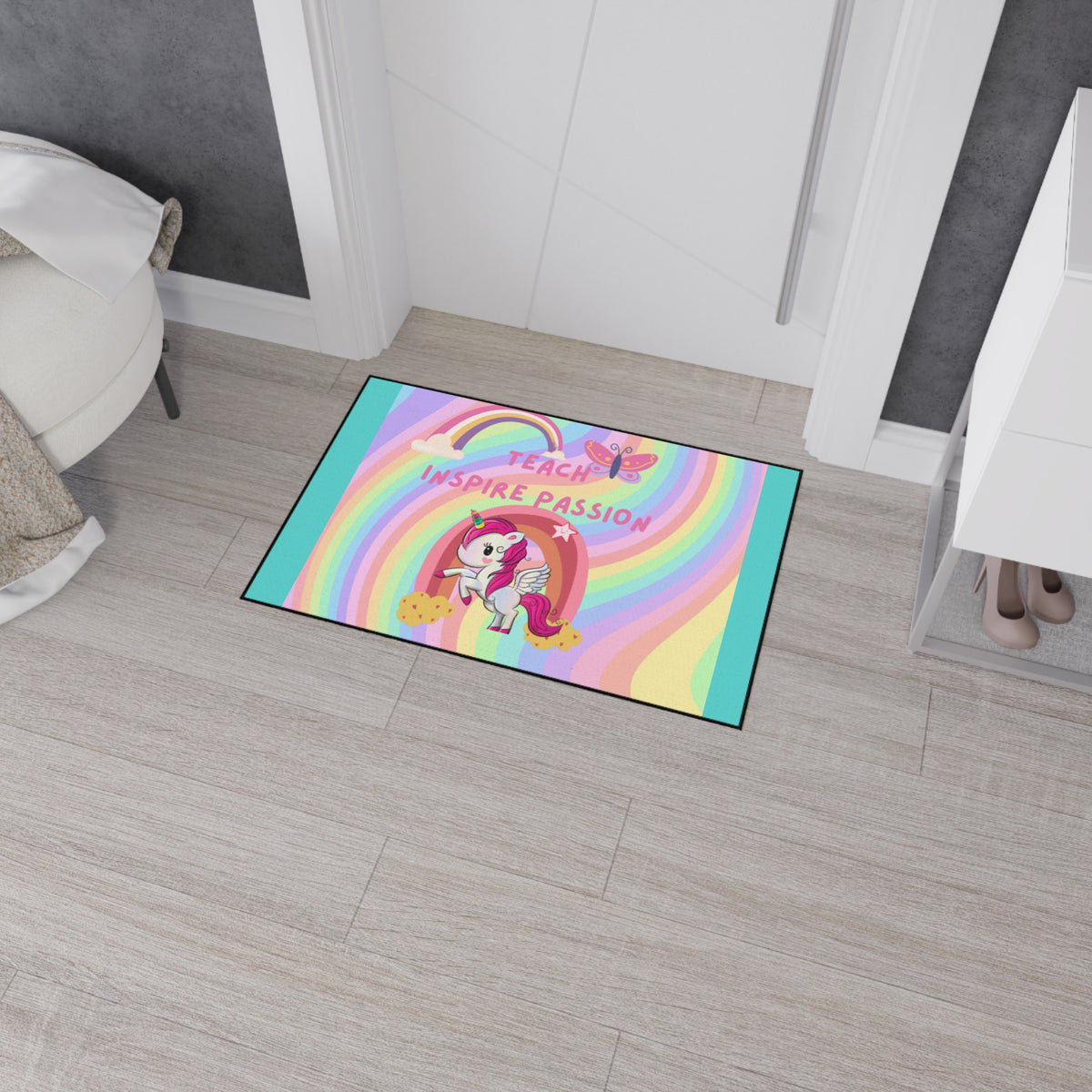 Teach Inspire Passion Unicorn Rainbow Floor Mat
