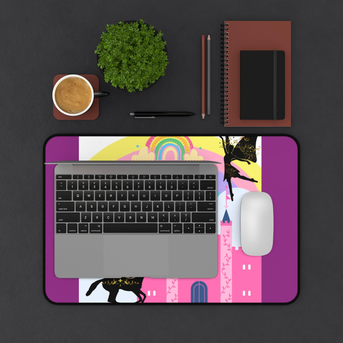 Magical Rainbow Castle Desk Mat with Black Horses
