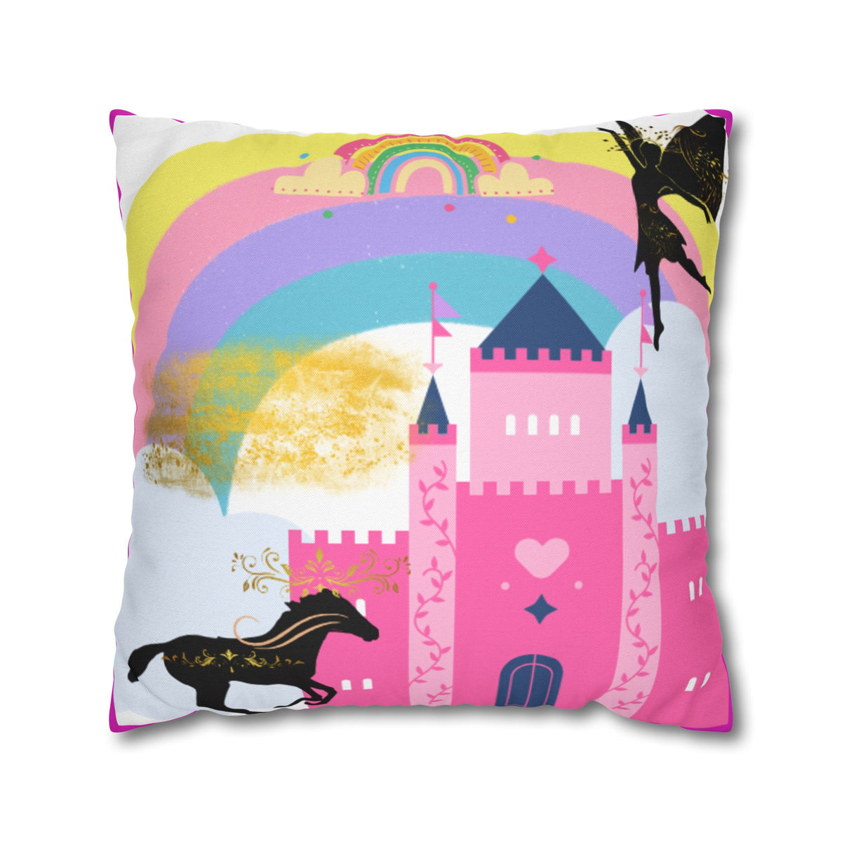 Pink Fantasy Castle Rainbow Square Pillow