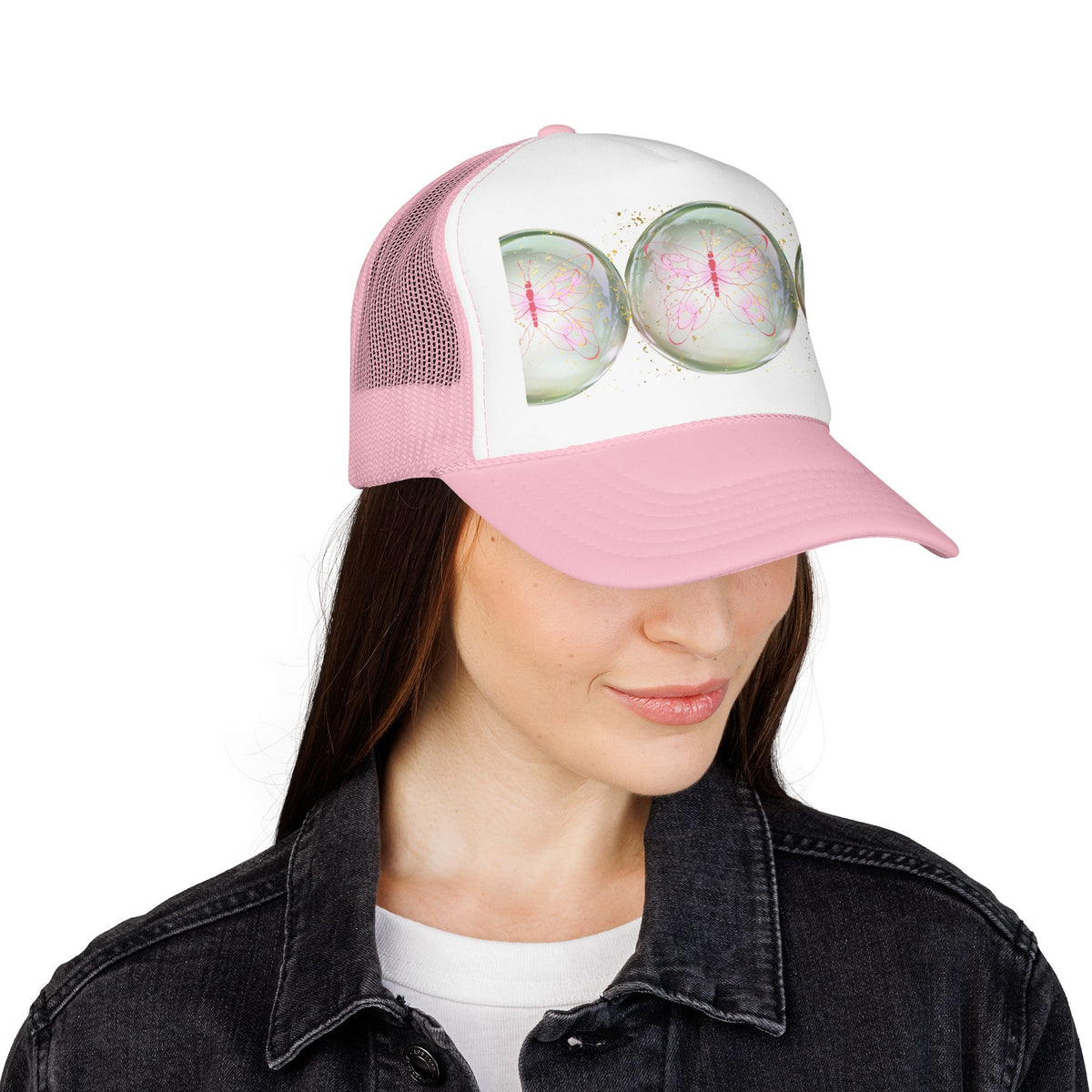 Pink Trucker Hat with Pastel Mushroom Moon Design