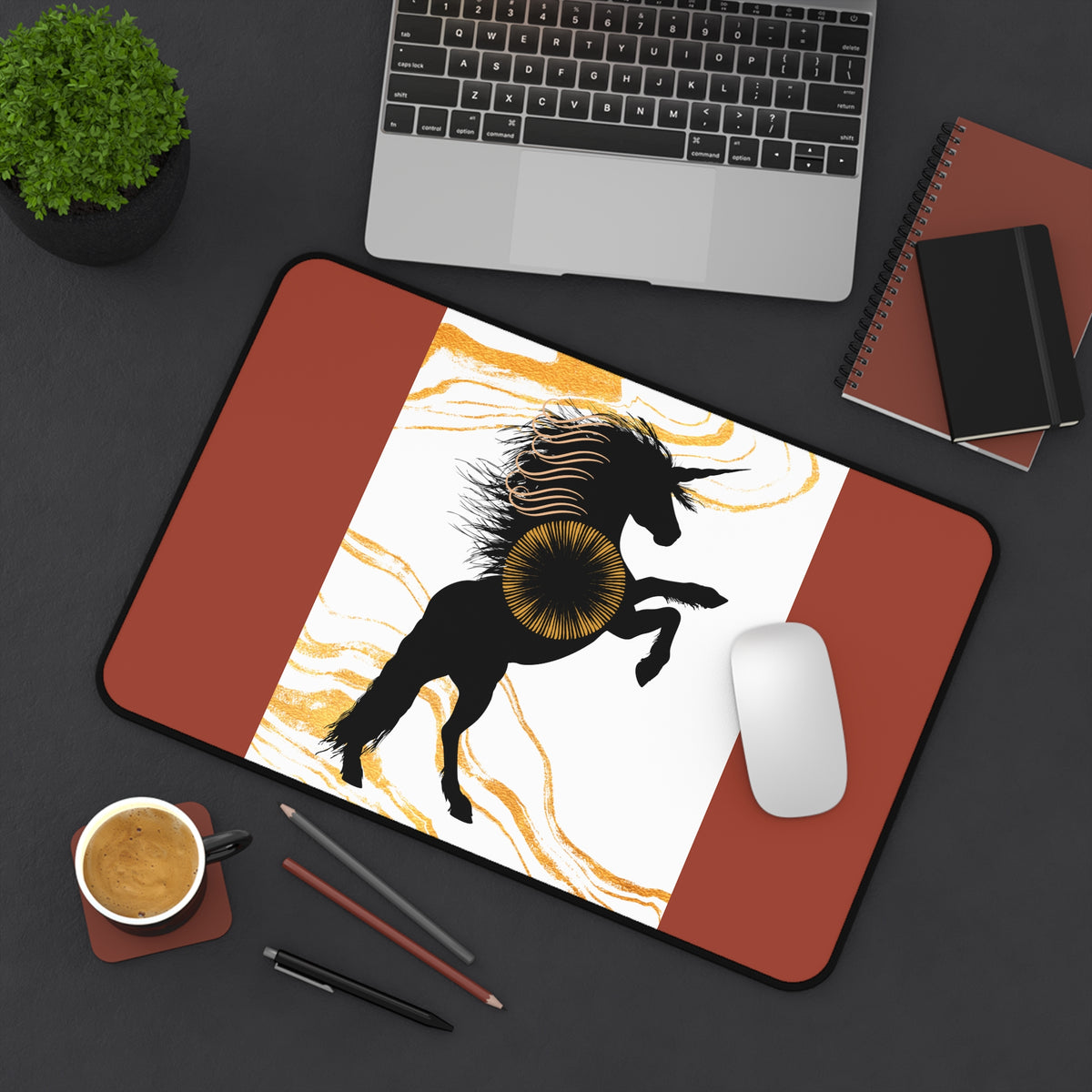 Mystic Unicorn Desk Mat — Black Silhouette with Gold Sun & Terracotta Borders