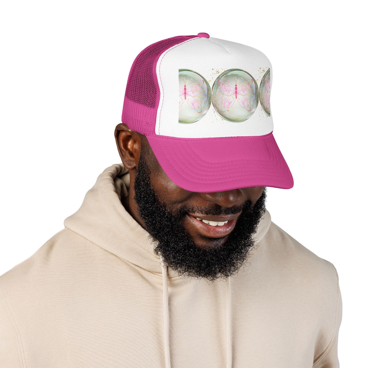 Pink Trucker Hat with Pastel Mushroom Moon Design