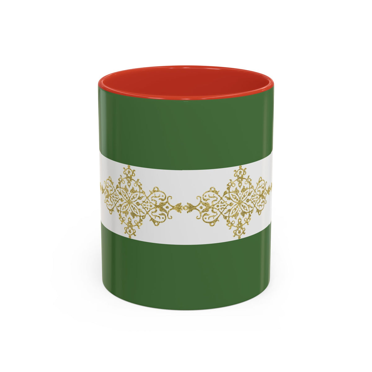 Green Accent Coffee Mug with Gold Filigree Band – Elegant Holiday Tea & Coffee Cup