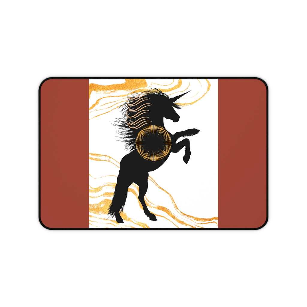 Mystic Unicorn Desk Mat — Black Silhouette with Gold Sun & Terracotta Borders
