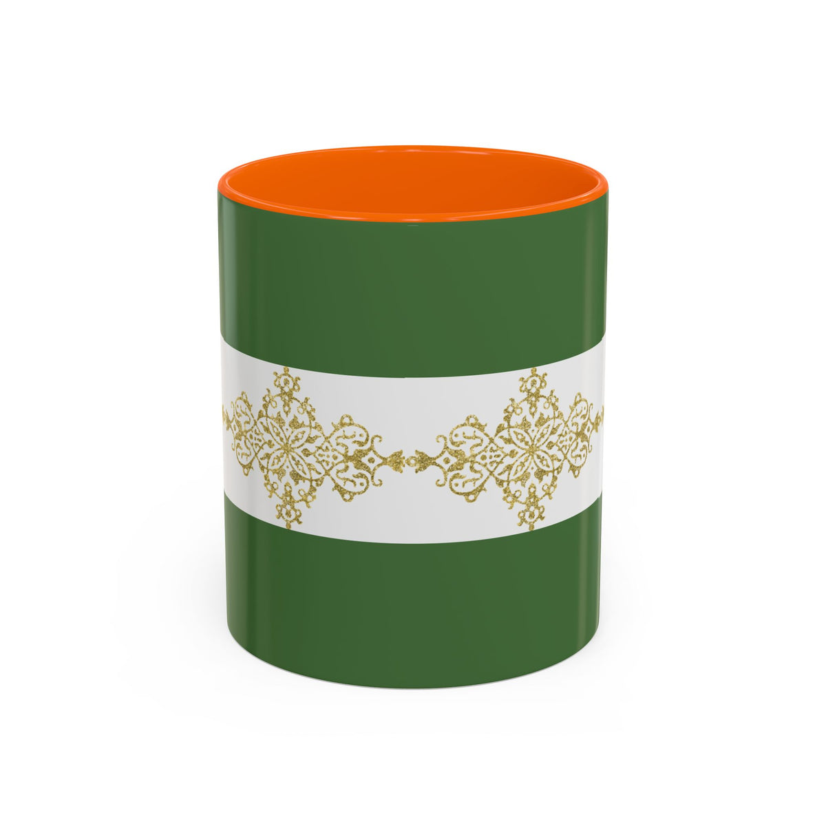 Green Accent Coffee Mug with Gold Filigree Band – Elegant Holiday Tea & Coffee Cup