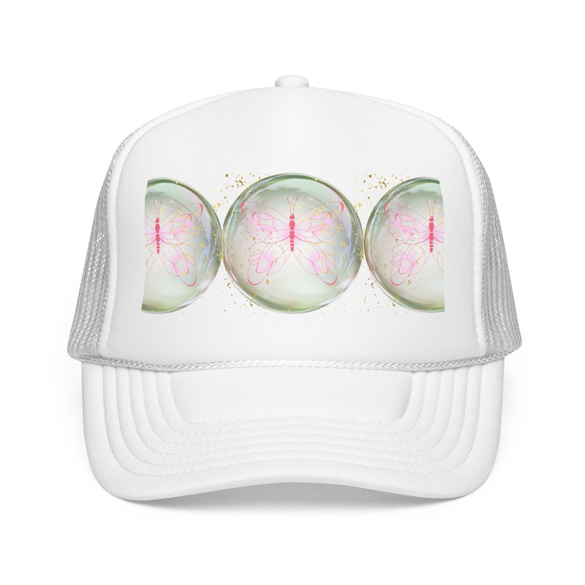 Pink Trucker Hat with Pastel Mushroom Moon Design