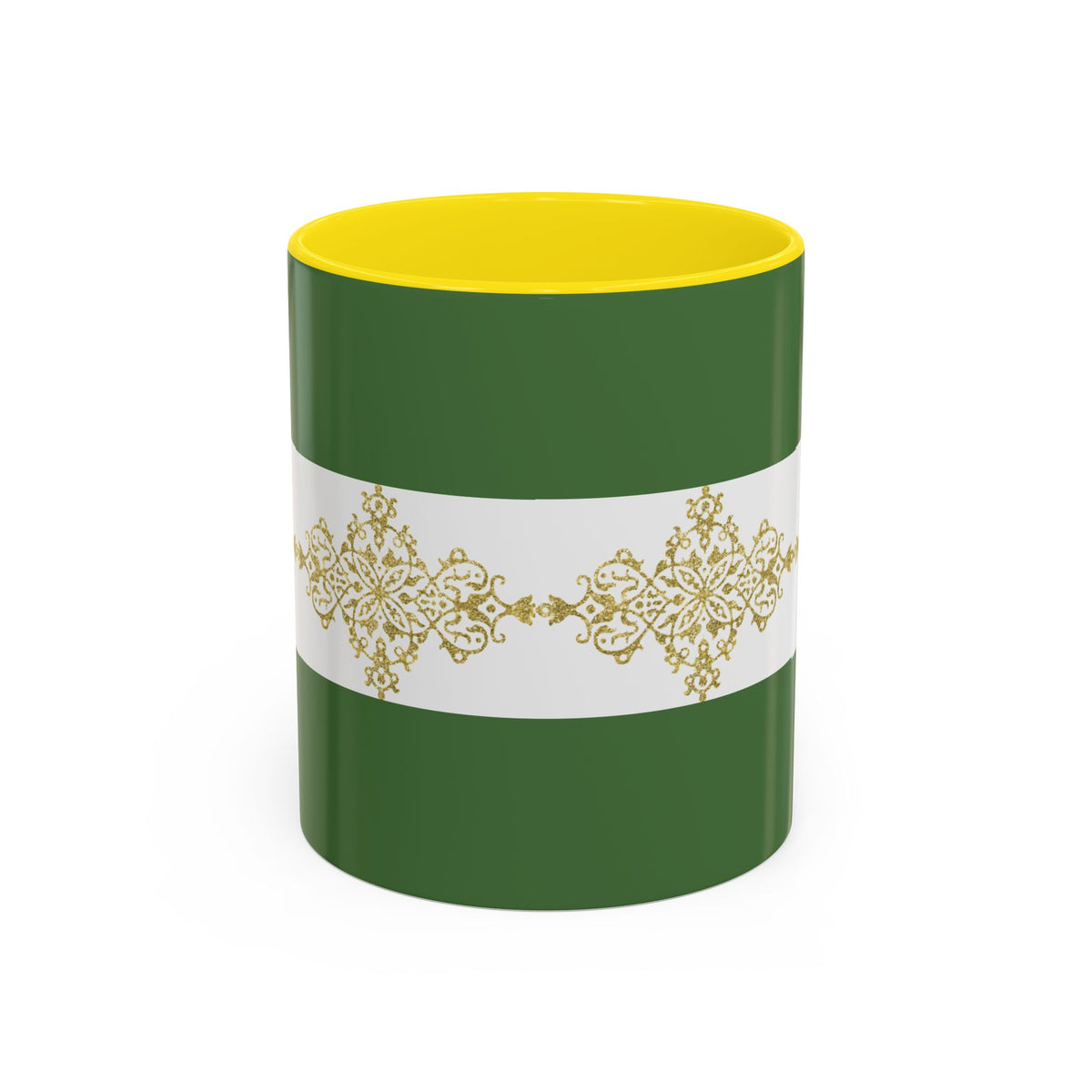 Green Accent Coffee Mug with Gold Filigree Band – Elegant Holiday Tea & Coffee Cup