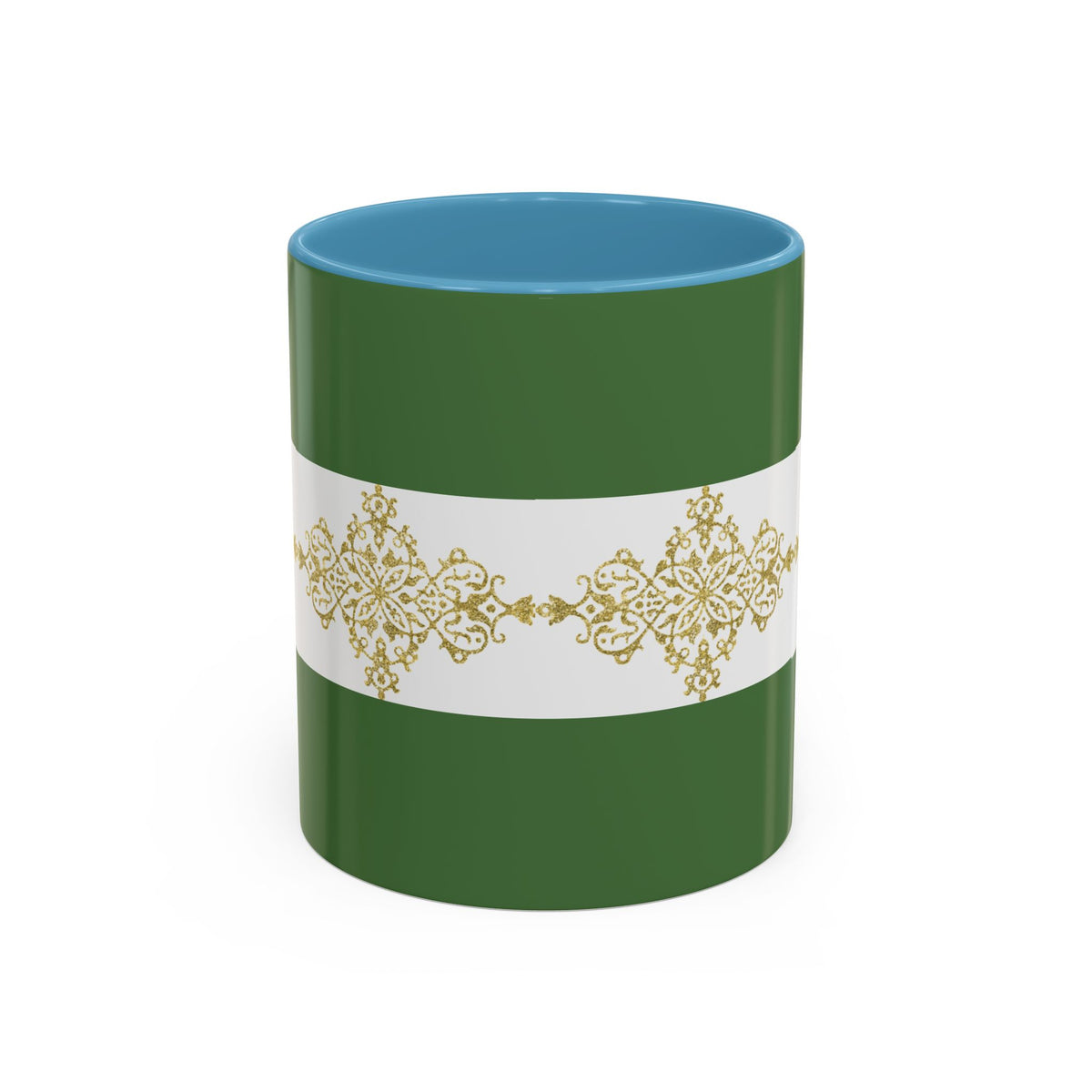 Green Accent Coffee Mug with Gold Filigree Band – Elegant Holiday Tea & Coffee Cup