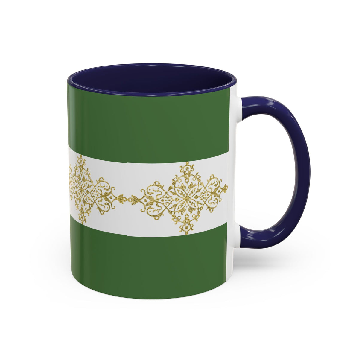 Green Accent Coffee Mug with Gold Filigree Band – Elegant Holiday Tea & Coffee Cup