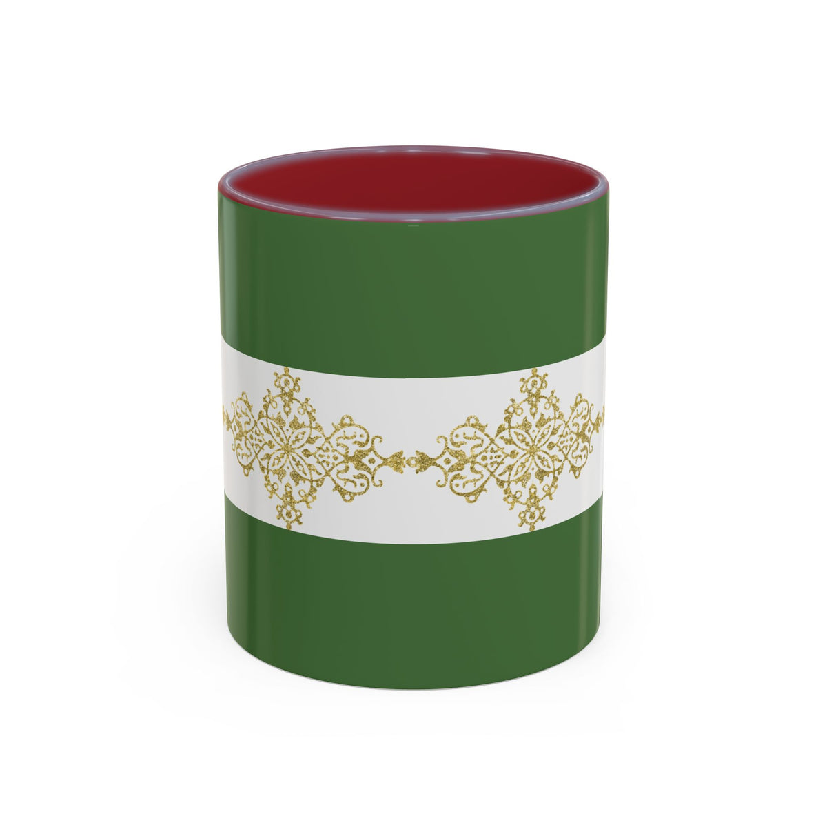 Green Accent Coffee Mug with Gold Filigree Band – Elegant Holiday Tea & Coffee Cup