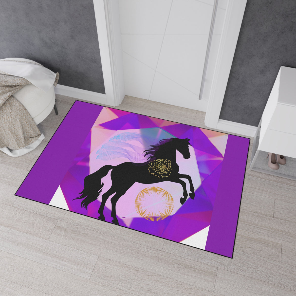 Mystical Black Horse Geometric Floor Mat