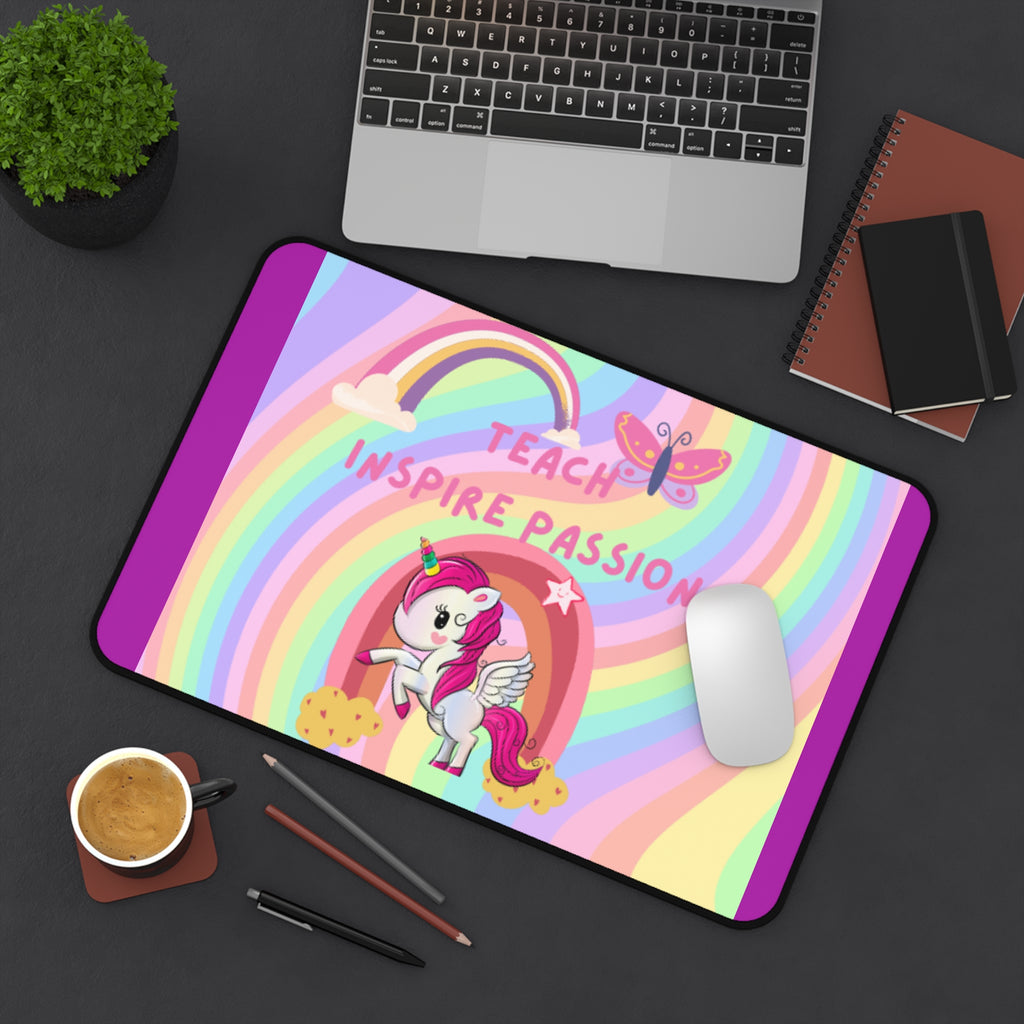 Teach Inspire Passion Rainbow Unicorn Desk Mat