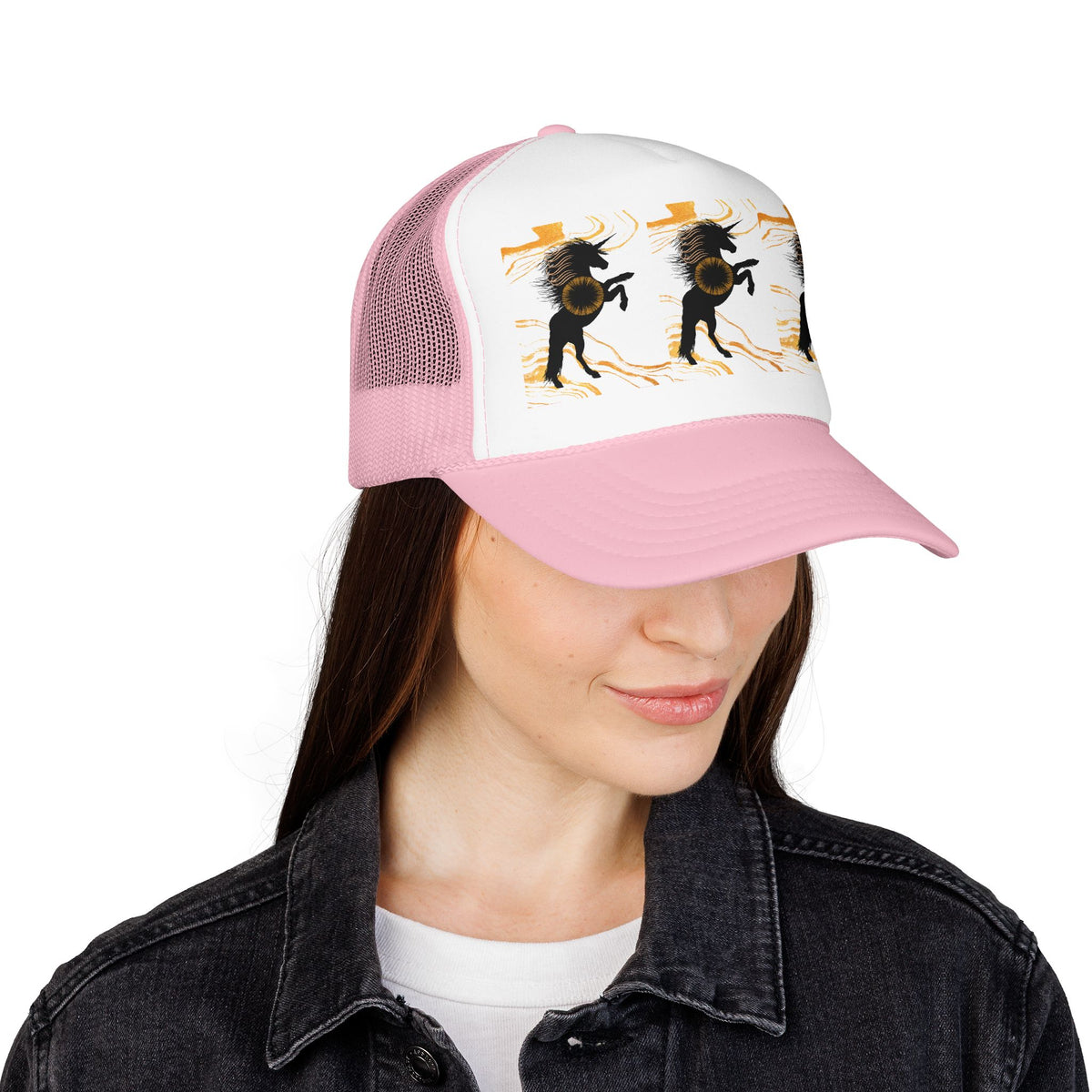 Black Foam Trucker Hat with Dancing Horse Print
