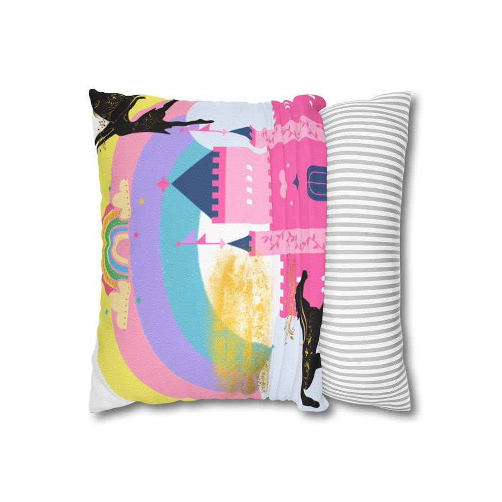 Pink Fantasy Castle Rainbow Square Pillow