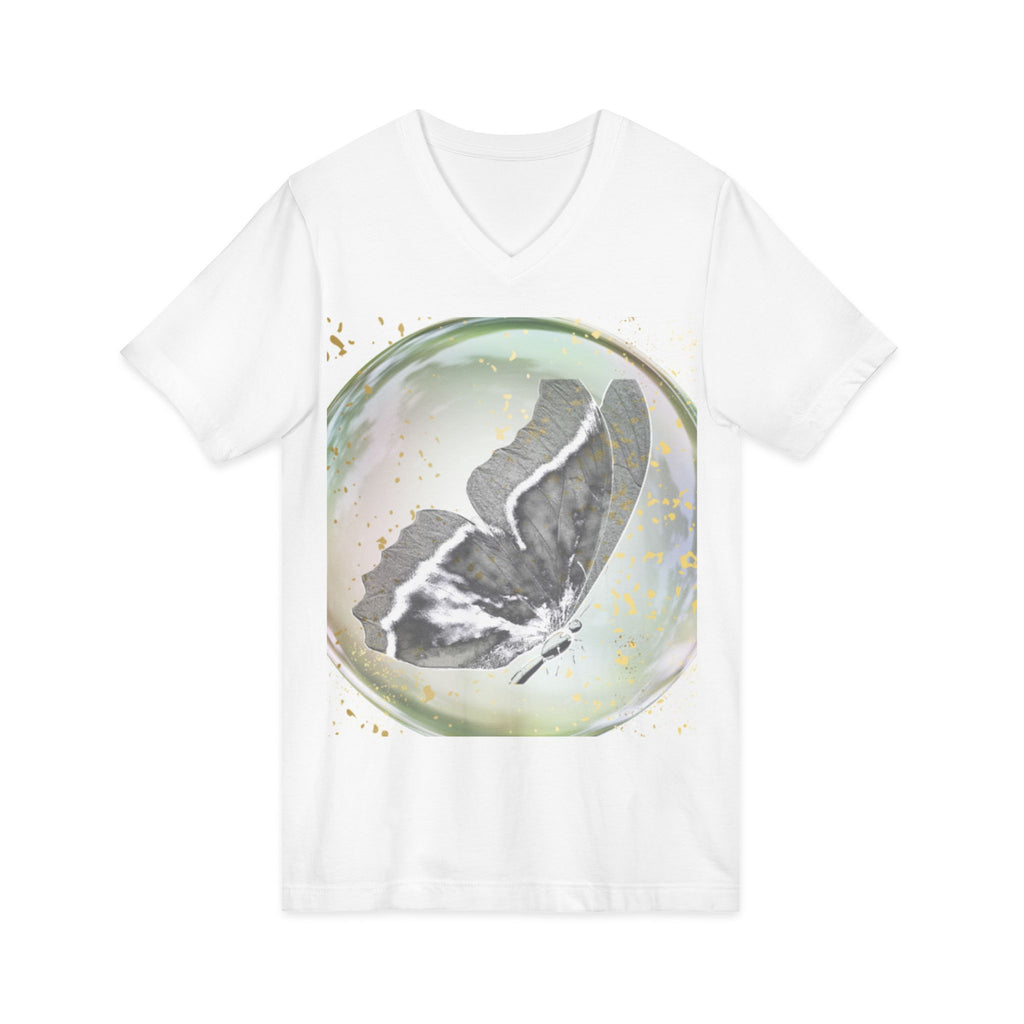 Butterfly Orb V-Neck Tee — Ethereal Black & White Butterfly Graphic