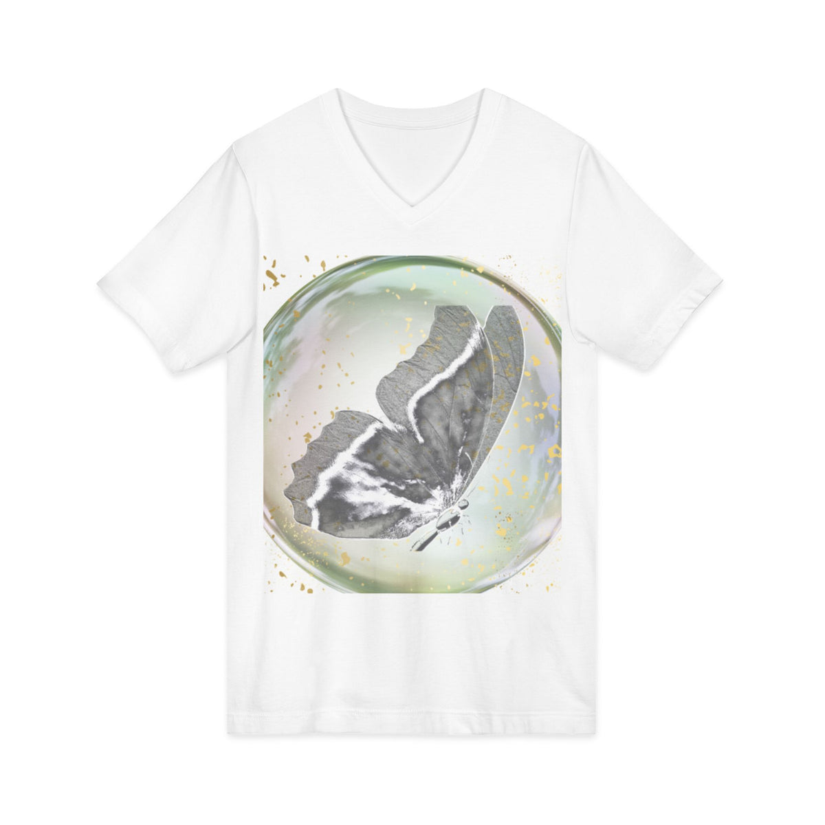 Butterfly Orb V-Neck Tee — Ethereal Black & White Butterfly Graphic