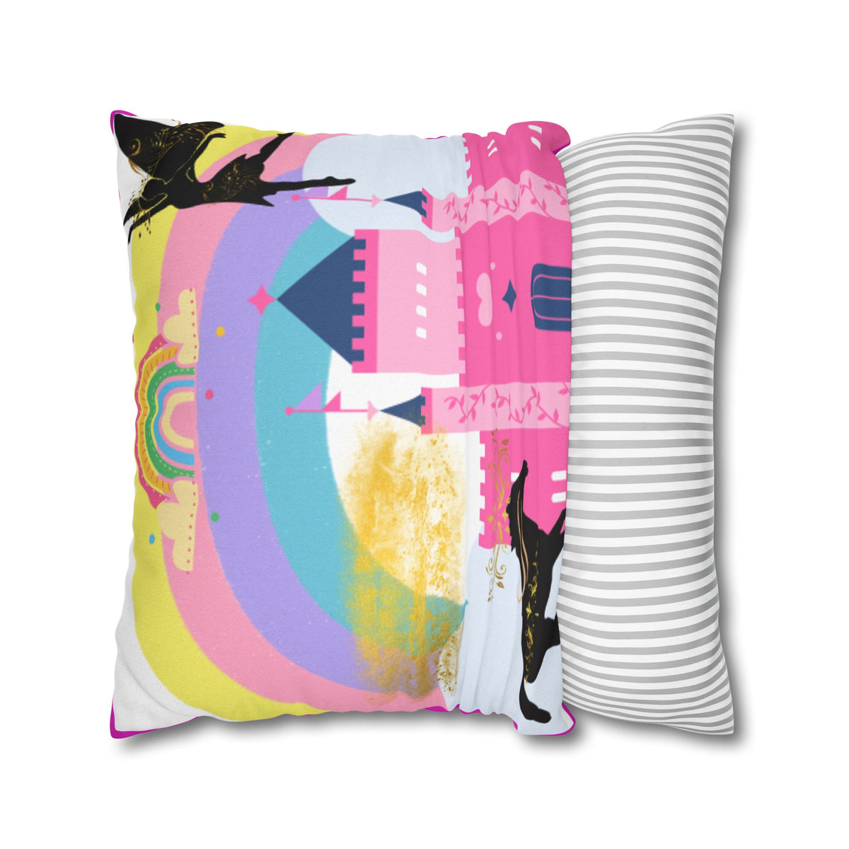 Pink Fantasy Castle Rainbow Square Pillow