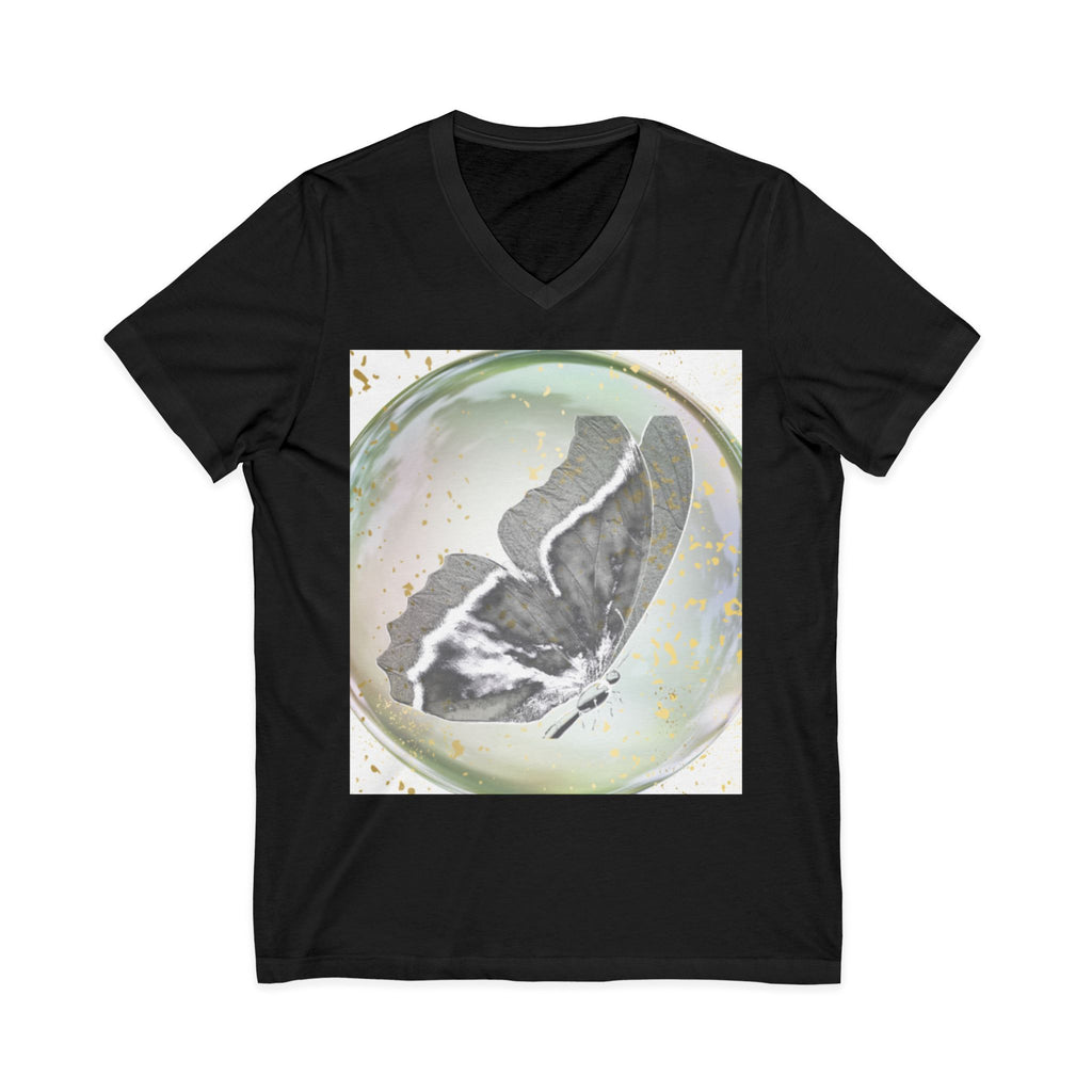 Butterfly Orb V-Neck Tee — Ethereal Black & White Butterfly Graphic