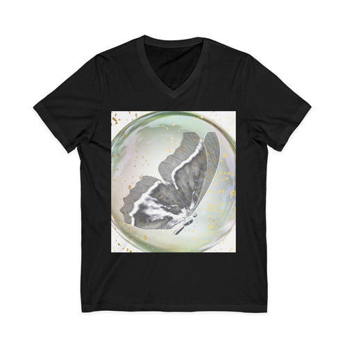 Butterfly Orb V-Neck Tee — Ethereal Black & White Butterfly Graphic