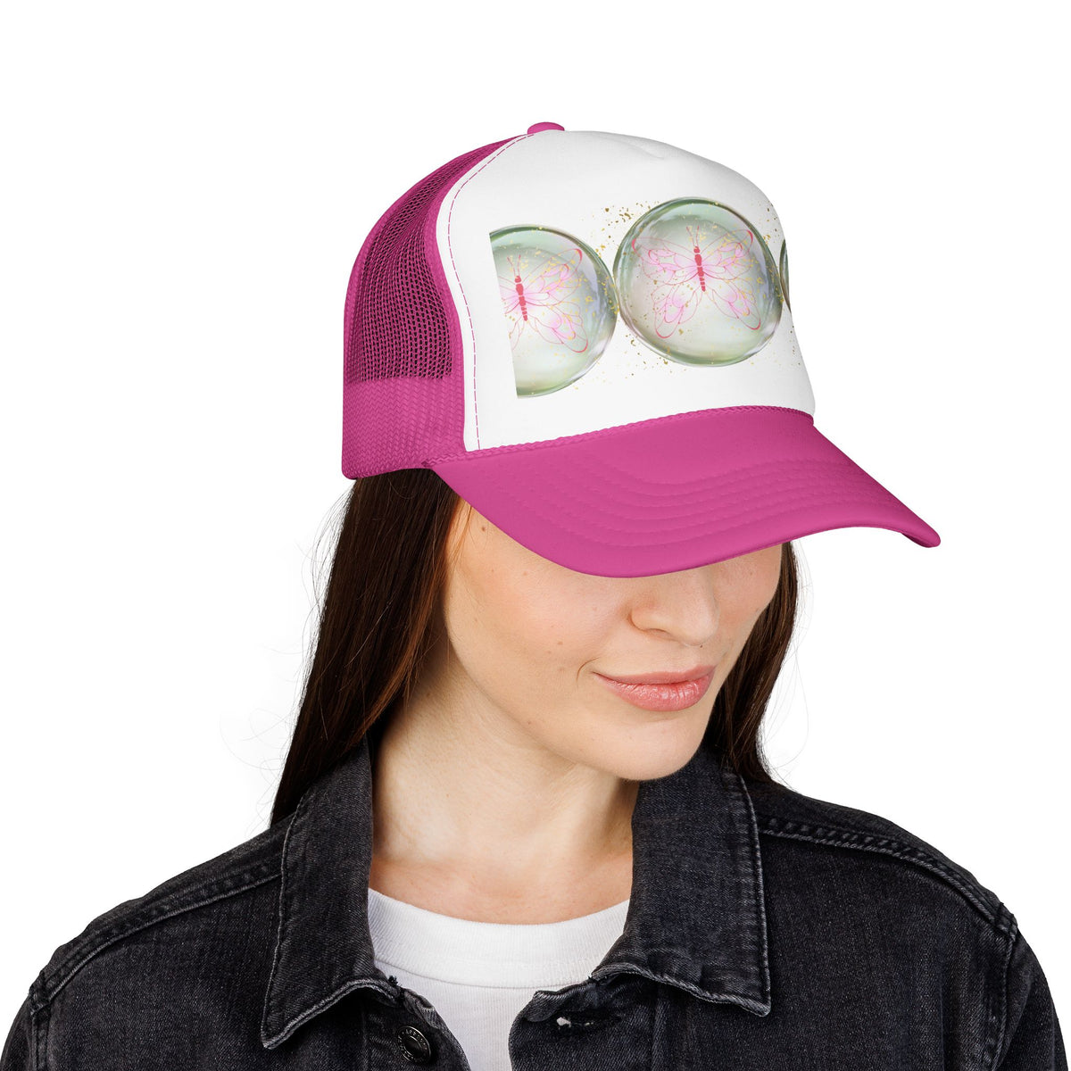 Pink Trucker Hat with Pastel Mushroom Moon Design