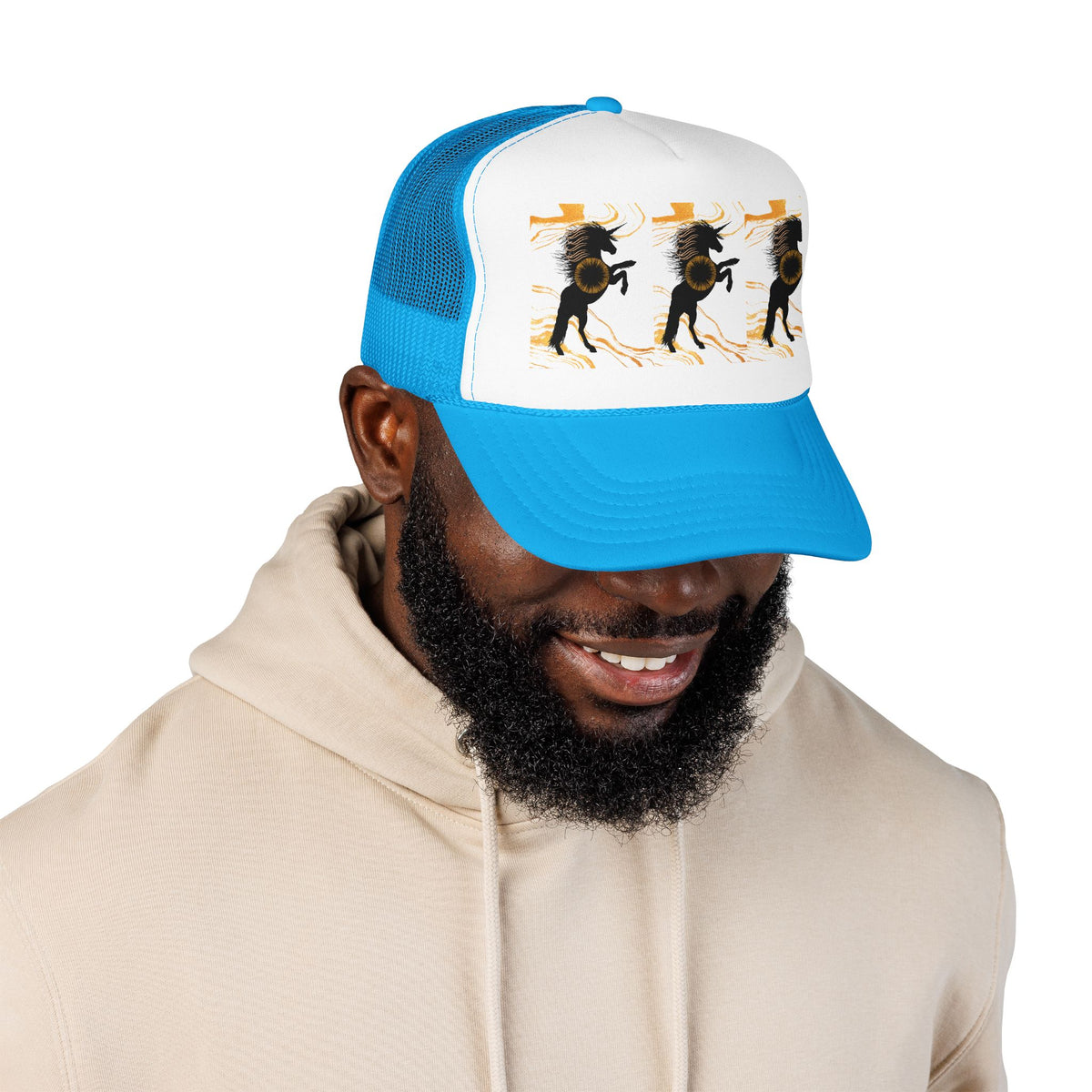 Black Foam Trucker Hat with Dancing Horse Print