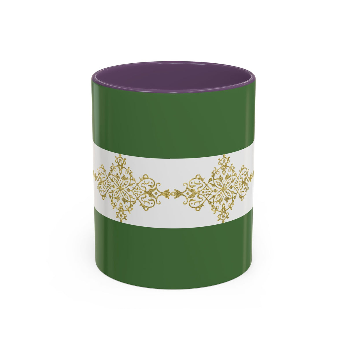 Green Accent Coffee Mug with Gold Filigree Band – Elegant Holiday Tea & Coffee Cup
