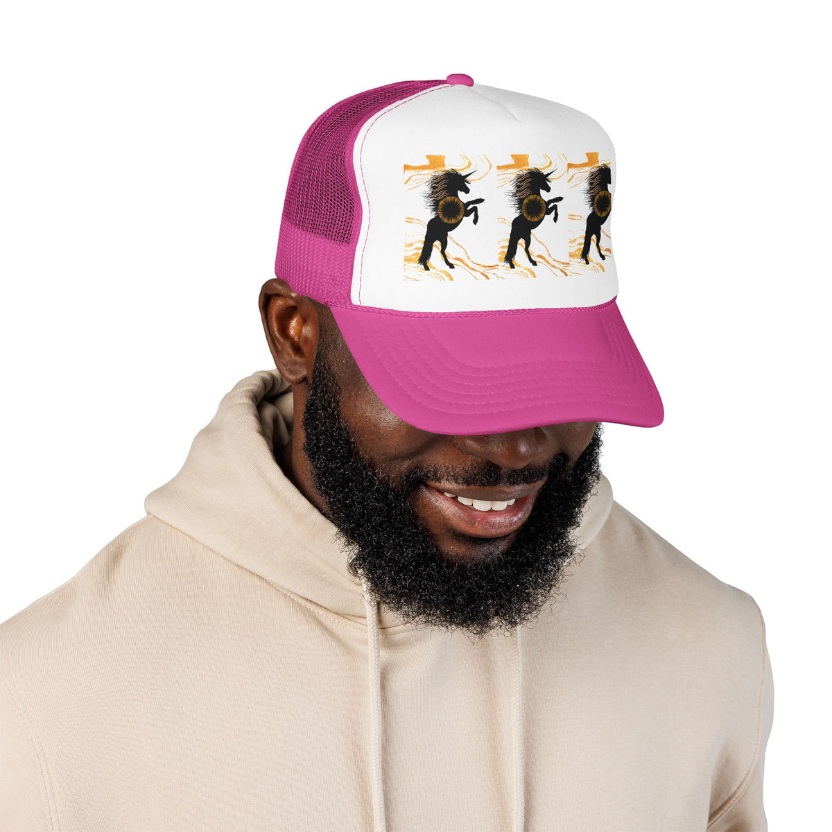 Black Foam Trucker Hat with Dancing Horse Print
