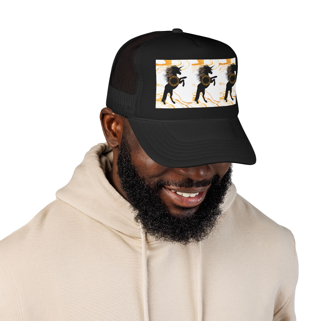 Black Foam Trucker Hat with Dancing Horse Print