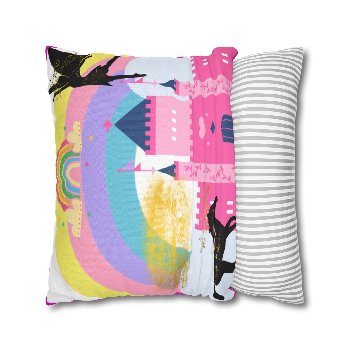 Pink Fantasy Castle Rainbow Square Pillow
