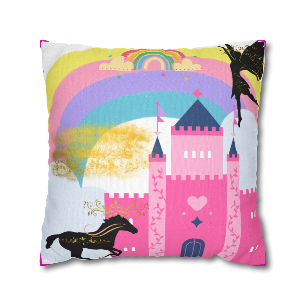 Pink Fantasy Castle Rainbow Square Pillow